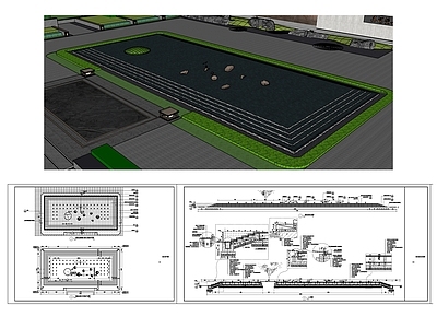 现代新中式广场 镜面水景 跌水 施工图