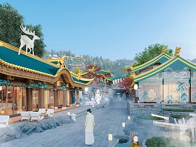 中式日式古建筑 中式街区 游戏动画街区 古建仙街 山地商业街 庙宇仙境