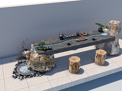 新中式现代乡村庭院 水景设施 庭院水景 石桌 流水