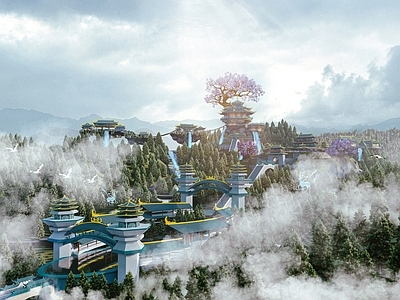 中式日式风格建筑 蓬莱仙境 反重力建筑 天上楼阁 游戏动画场景 空中庙宇楼阁浮岛