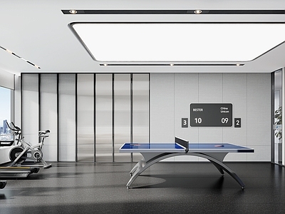 现代健身房 健身区 跑步机 兵乓球 水吧柜