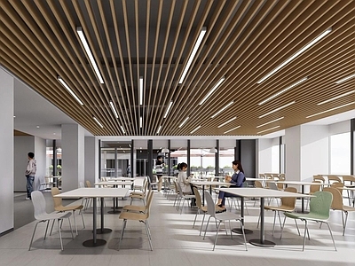 极简现代食堂 食堂餐区 简约餐桌组合 学校食堂 员工食堂 格栅吊顶