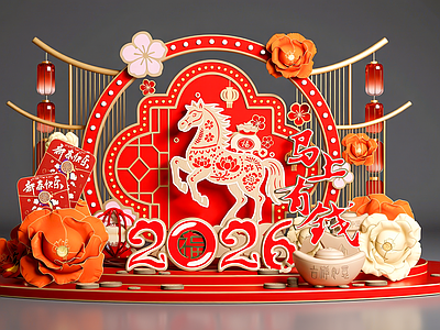 新中式其他美陈 新中式马年花艺 新年商业美陈 马年美陈 国潮