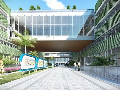 现代教育校园景观 校园景观 标识标牌 下沉庭院 屋顶花园 旗杆