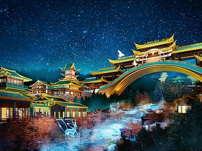 新中式日式古建筑 网红廊桥 天上阙桥 仙桥 游戏动画古建场景 古建廊桥