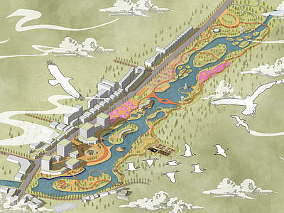 现代滨水景观 滨水公园 鸟瞰图