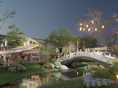 现代新中式餐饮建筑 水街 中式建筑 小品建筑