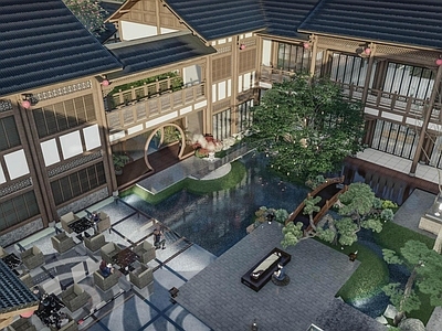 新中式古建筑 中式庭院 四合院 水街