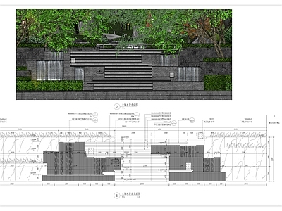 小区主入口 踏步跌水 分台水景 施工图