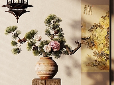 现代新中式花艺 花艺花卉 鲜花摆件 宋式花瓶 插花 吊灯
