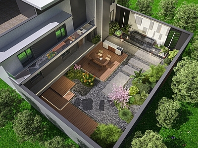 现代庭院 现代庭院景观 户外桌椅 植物组团 水景鱼池