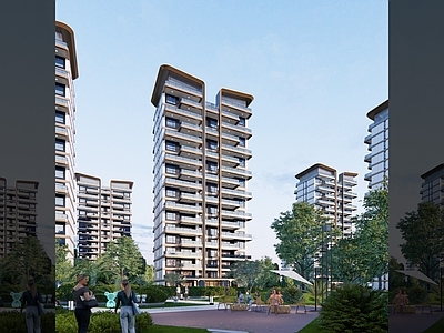现代极简小区建筑 高层住宅 enscape 标准场景 黄昏效果