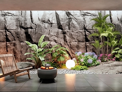 现代室内景观造景 植物景观 庭院小品 石头 景观石 植物堆 灌木 毛石背景墙 休闲椅 围炉煮茶 户外