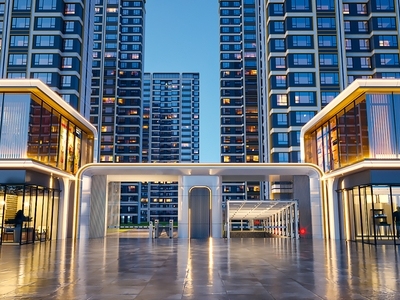 现代商业街 沿街商业 住宅大入口 高层住宅 车库入口 商业内街夜景
