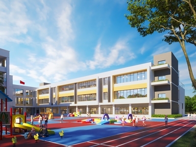 现代学校外观 幼儿园建筑外观 学校白天建筑 儿童游乐区 教学楼 宿舍楼