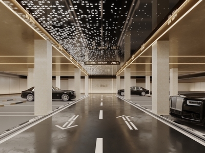 现代室内停车场 现代停车场 现代地下室 停车场标识 劳斯莱斯 地库光厅