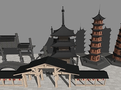 新中式中式塔楼 古建筑佛塔 景观复古塔楼 塔楼牌坊石桥 古楼组合