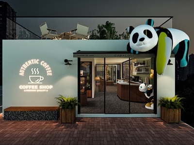 现代极简咖啡厅 咖啡店门头 汉堡热狗店铺门头 创意门头玩偶 大熊猫玩偶 夜景店铺