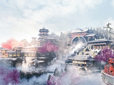 中式日式古建筑 仙侠建筑 仙侠游戏动画场景 古建天门 中式楼阁庙宇 蓬莱仙境