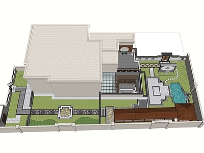 中式新中式别墅庭院 中式庭院 禅意 下沉式庭院 木廊架 水池 中式景墙 大门 屏风