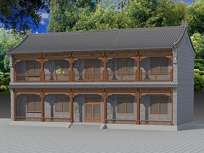 中式古建筑 中式古建两层厢房 中式仿古厢房 中式寺庙客房 中式别墅斋堂 中式四合院厢房