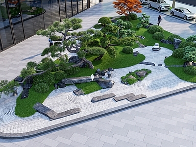 日式办公园区景观 枯山水 三角绿地 微地形