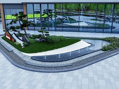 现代办公园区景观 三角水景 新中式 堆坡
