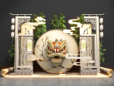 现代中式其他娱乐空间 中式 国潮 卷轴 舞狮 竹林 祥云 美陈 拍照打卡 节日庆典