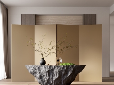 新中式玄关 装饰柜 石头桌子 屏风 花艺 绿植 苔藓 室内景观小品
