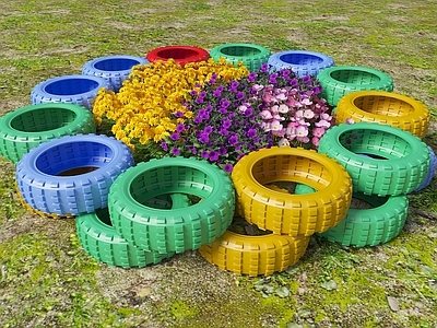 现代其他景观小品 轮胎花盆 轮胎树池 轮胎花卉 花卉 盆栽