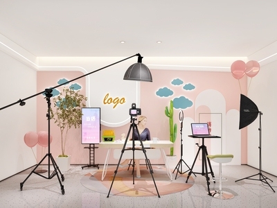 直播间 直播摄像机 笔记本电脑支架 植物 直播补光灯 移动 吧椅