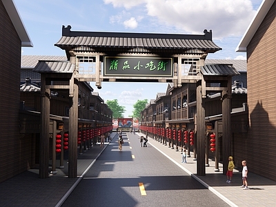 新中式复古古建筑 小吃街 古建小吃街