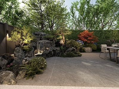 现代简约别墅庭院 现代庭院 鱼池假山 现代景墙 假山流水 现代自然庭院