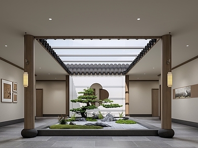 现代新中式玄关 新中式四合院 现代四合院 新中式走廊 新中式景观