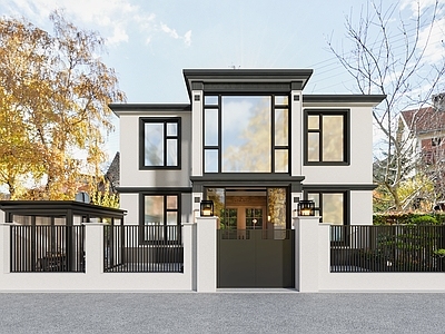 现代别墅外观 独栋别墅 自建房 建筑外观 院子