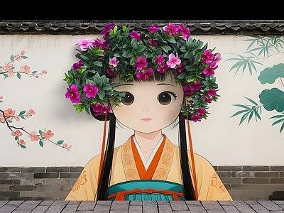 现代围墙 花艺墙 卡通围墙 花朵女孩头发 现代美陈墙面 花朵围墙