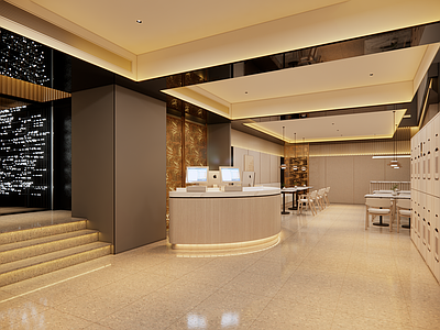 轻奢现代酒店大堂 简约小酒店大堂 轻奢小酒店大堂 曲面前台 休闲等候区