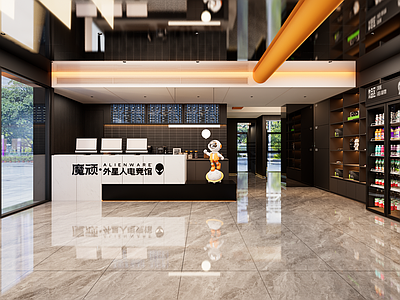 现代轻奢酒店大堂 电竞酒店大堂 网咖服务台