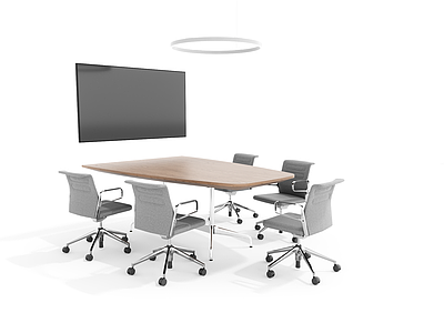 现代办公桌椅 会议桌 会议椅 圆形吊灯 电视