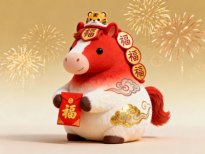 玩具 国潮民俗小马装饰 虎头装饰福运小马 新年红包萌小马 马年福字萌马摆件 马手办