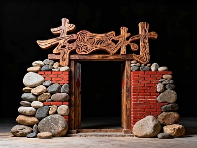 现代新中式景墙 乡村景墙 石木艺术门头 乡村艺术入口 乡土艺术门头 红砖入口景墙
