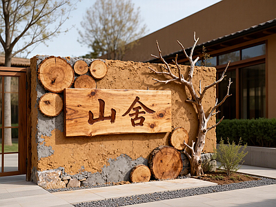 现代新中式景墙 乡村景墙 民俗景墙 野奢夯土景墙 木桩景墙 原木夯土野奢标识