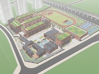 现代新中式学校建筑 教学楼学校 学校操场 山地建筑 红砖 坡屋顶