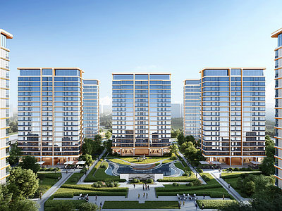 现代高层住宅 现代风格住宅 中庭大景观 简约 豪宅