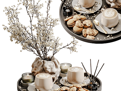 现代摆件组合 现代装饰品摆件 陈设品 花瓶 咖啡 食物摆件