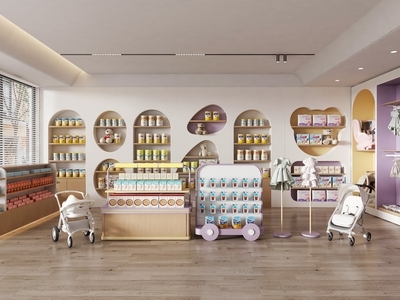 现代奶油母婴店 母婴生活馆 母婴店童装店 奶粉货架尿不湿 童装衣服模特 儿童用品店