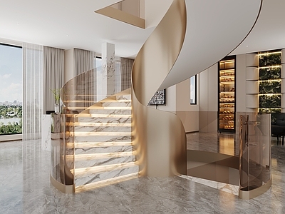 现代意式楼梯间 旋转楼梯 茶色玻璃 楼梯间