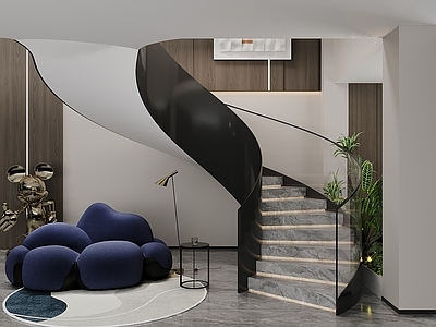 现代意式楼梯间 旋转楼梯 楼梯平台 钢板楼梯 别墅楼梯