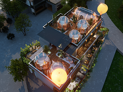 现代工业火锅店 屋顶花园 花园餐厅 泡泡屋 植物