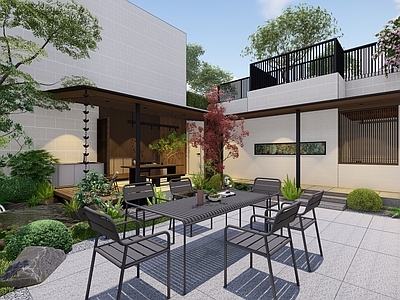现代简约住宅区景观 回廊 户外家具 狗窝 水景 连廊